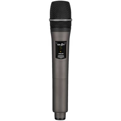 A wireless metal microphone with a round head, display screen, and controls on the front.
