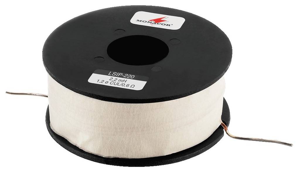 Coil with white band and black core, label inscribed with 'LSIP-220'. Product by Monacor, specified as 2 mH, 1.2A, CUL, 0.6 ohms.