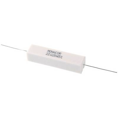 A white cemented resistor with the inscription 'MONACOR 22Ω 5%'. Long, thin wires protrude from both ends.