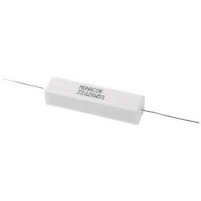 A white cylindrical high-load resistor with the inscription 'MONACOR 33Ω 20W ±5%'.