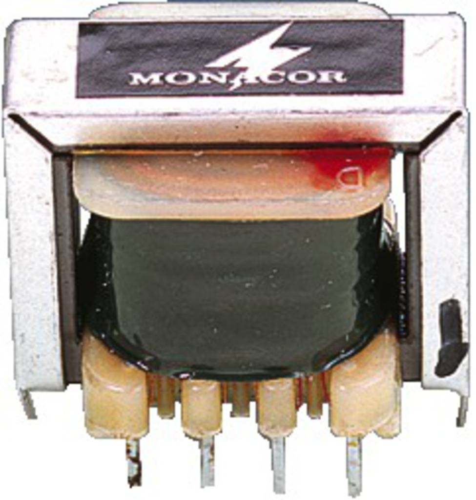 Transformer with multiple connection pins, suitable for electronic circuits. White logo at the top.