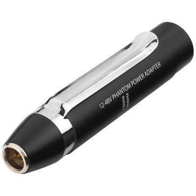 A black and silver phantom power adapter marked '12-48V Phantom Power Adapter', designed for powering microphones.