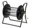A black metal, manual hose reel with a handle and sturdy frame.