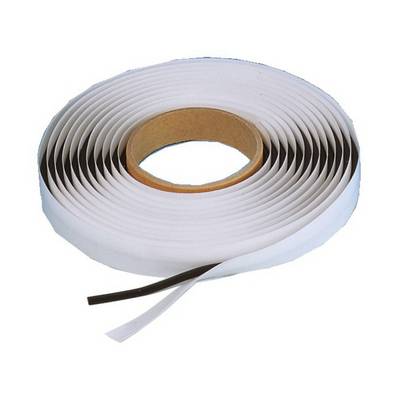 A roll of double-sided adhesive tape, white with brown edges, on a white background.