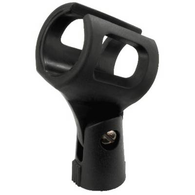 Black microphone holder with adjustable pivot joint, suitable for attaching to a microphone stand.