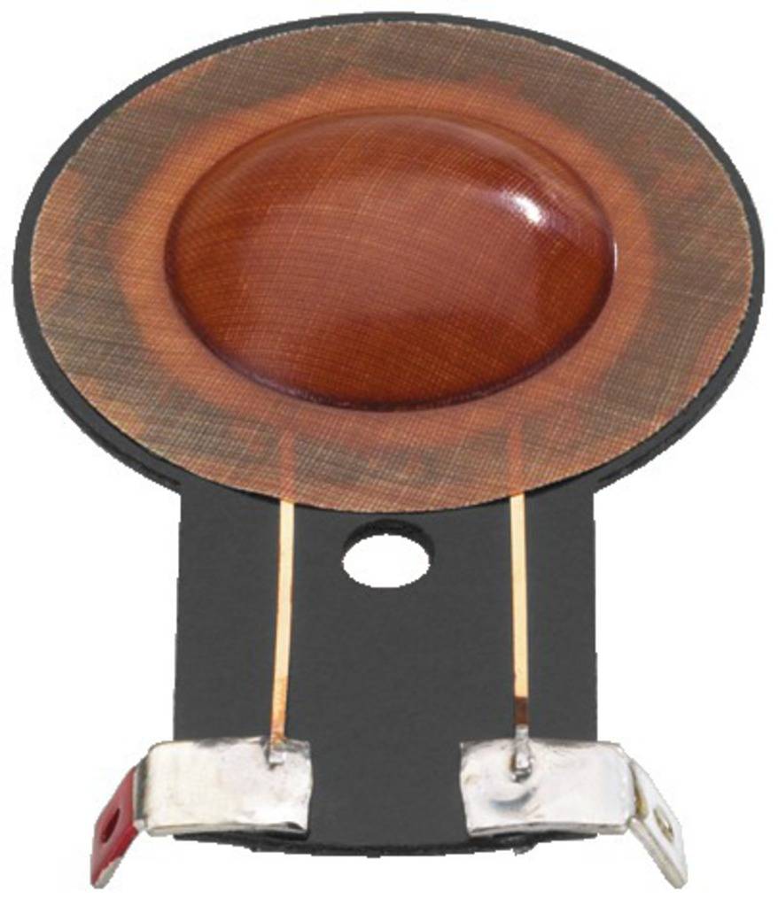Copper-coloured piezoelectric speaker on a black base with two connection wires.