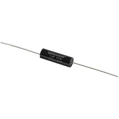 Black cylindrical capacitor with the inscription 'MONACOR 1µF ±5% 250V=MKP', with two long connecting wires at each end.