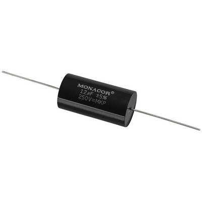 Capacitor with printing 'MONACOR 12 µF ±5% 250V=MKP', black cylindrical casing and two connecting wires.