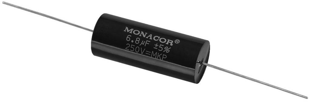 A cylindrical capacitor from the MONACOR brand with specifications '6.8 µF ±5%', '250V MKP'.