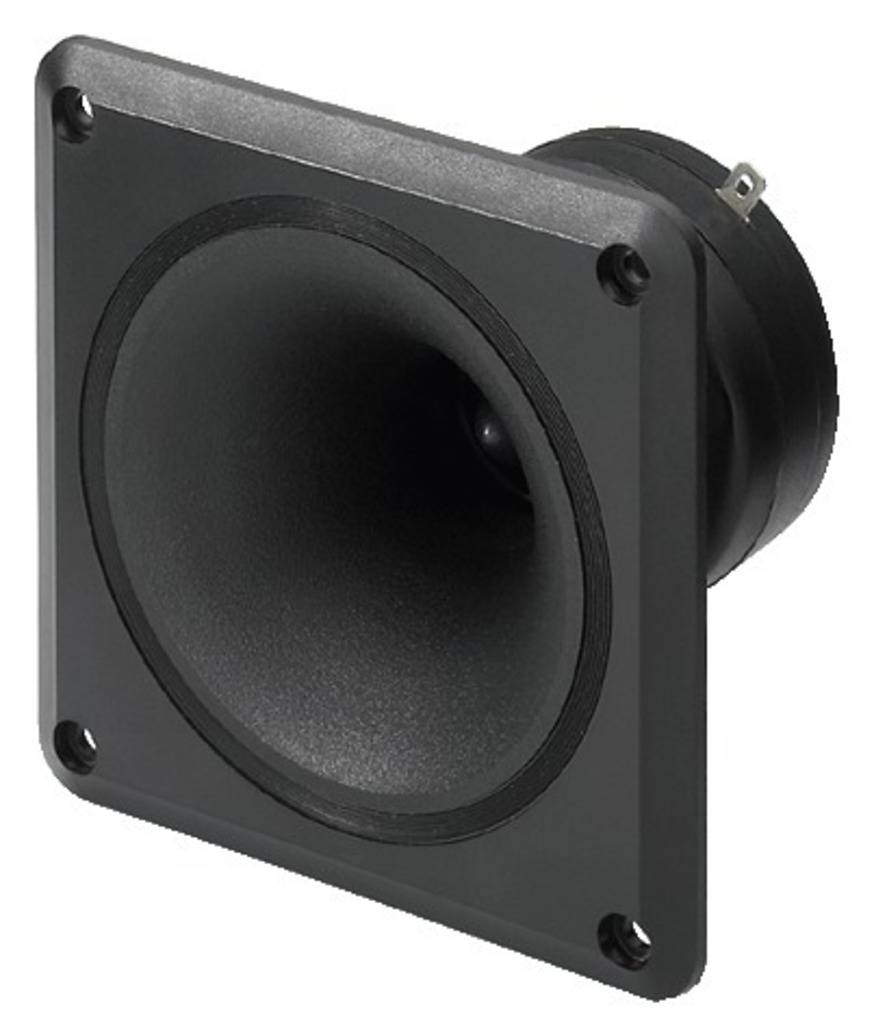 A black speaker horn, rectangular with rounded corners, bolted at the edges, pointing its opening forwards.