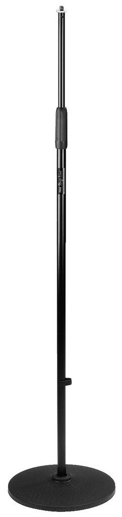 Black, height-adjustable microphone stand with round base, suitable for stage or studio.
