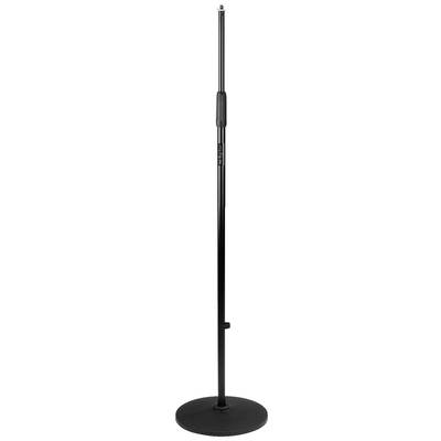 Black, height-adjustable microphone stand with round base, suitable for stage or studio.