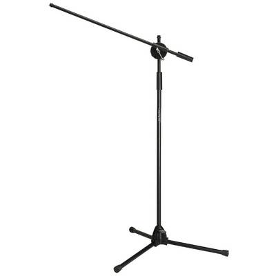 Microphone stand with adjustable boom arm and three-legged base, made of black metal.