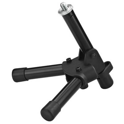 A compact, three-legged microphone stand made of black metal with an adjustable joint and a screw for securing a microphone.