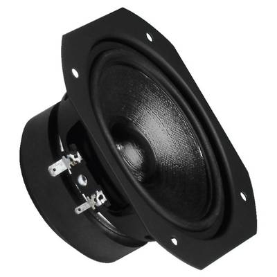 Black speaker with membrane and metal connection terminals.