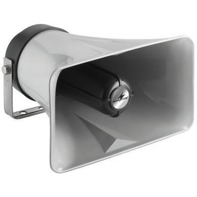 A grey loudspeaker with a wide horn, mounted for sound amplification. Ideal for outdoor settings or large events.