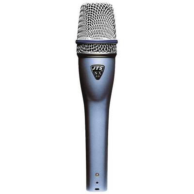 A silver hand microphone with a mesh grille and black logo symbol on the handle. Ideal for live performances or recordings.