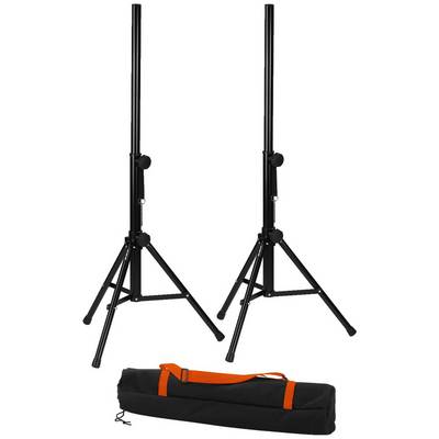 Two black speaker stands with extendable legs, with a black and orange carry bag in the foreground.