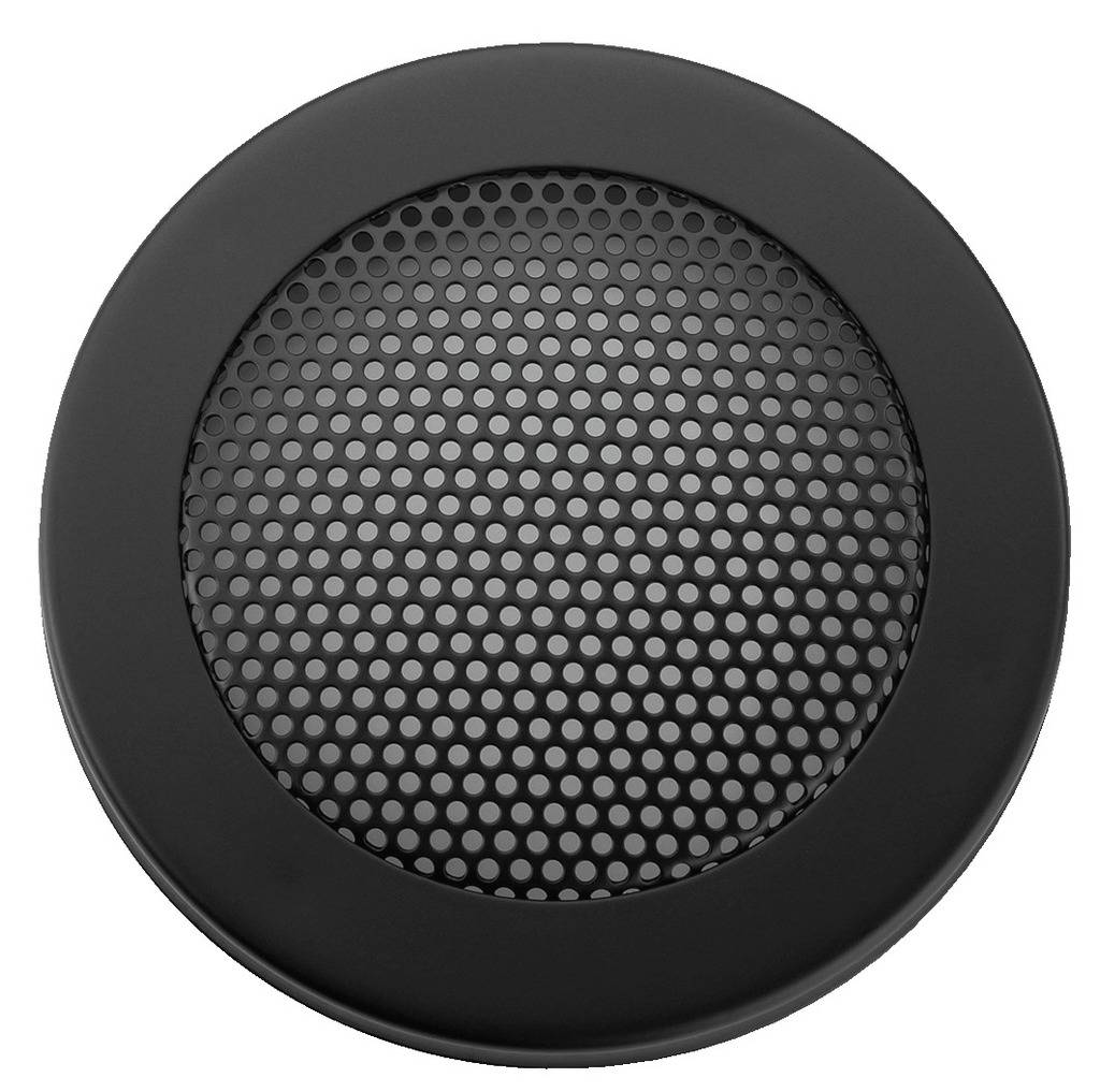 Round speaker grille with a black frame and perforated centre; serves to protect speaker membranes.