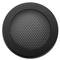 Round speaker grille with a black frame and perforated centre; serves to protect speaker membranes.