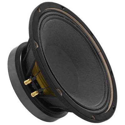A round speaker with a black membrane and golden connections, against a grey background.