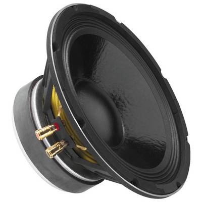 A black loudspeaker with visible membrane and connection terminals, photographed from an angle from above.