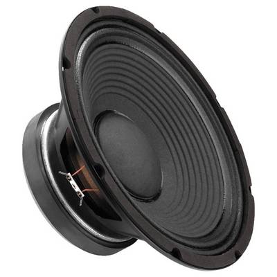 A black speaker with a visible membrane and magnet, with cables laid out for connection to an audio system.