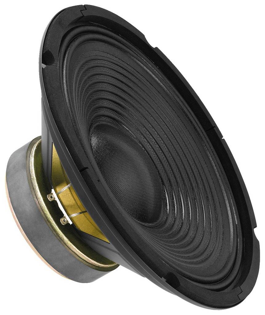 Loudspeaker viewed from the side. It shows a membrane with concentric grooves and a metal base containing the magnet.