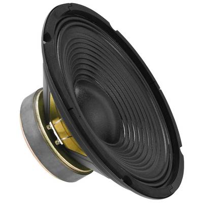 Loudspeaker viewed from the side. It shows a membrane with concentric grooves and a metal base containing the magnet.