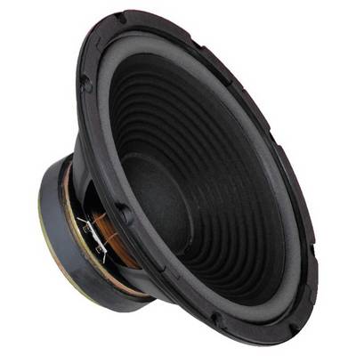 Speaker driver in close-up, showing the membrane, surround and voice coil.