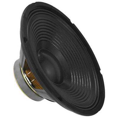 A black loudspeaker in close-up with a visible membrane and basket, shown from the side.