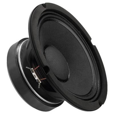 Black speaker with metal frame, side view. Suitable for installation in audio devices for sound amplification.