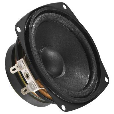 A black speaker with a square frame and circular membrane, with connection terminals visible on the side.