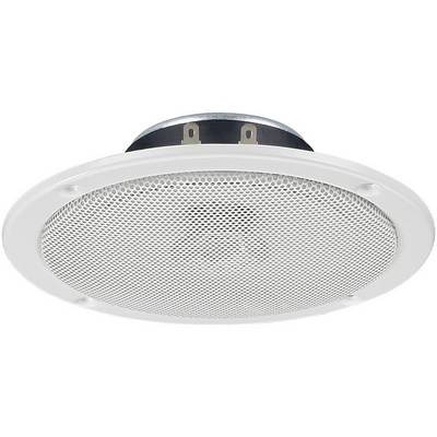 A round, white ceiling speaker with a protective grille.