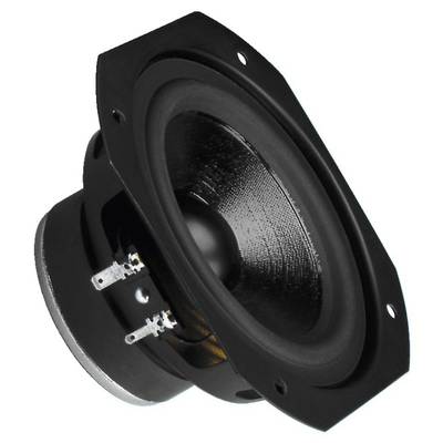 Loudspeaker driver in black with a central cone, side connections visible.