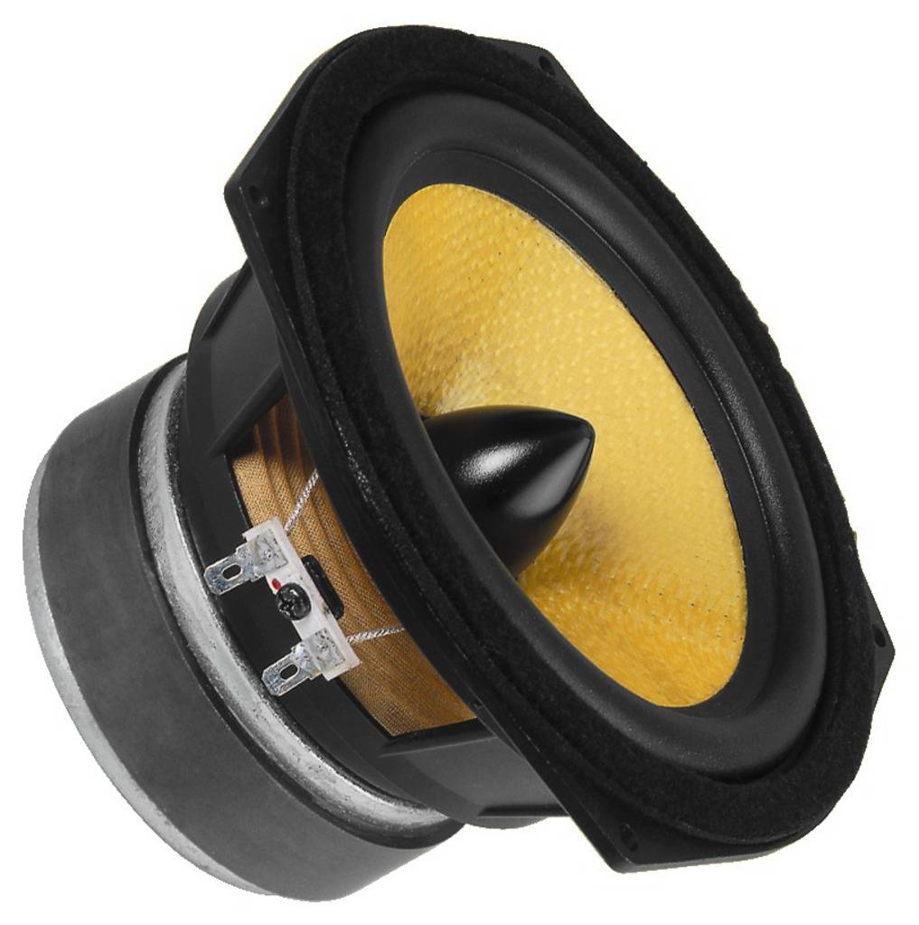 A black speaker with a yellow membrane and silver rim, tilted to the side, reveals its internal components.