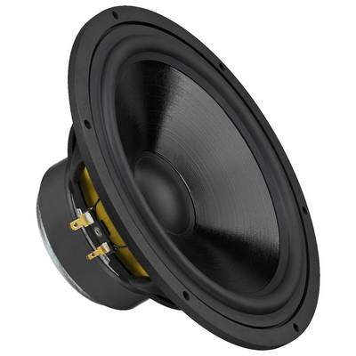 Speakers in a black enclosure, viewed from the side with visible cable connections.