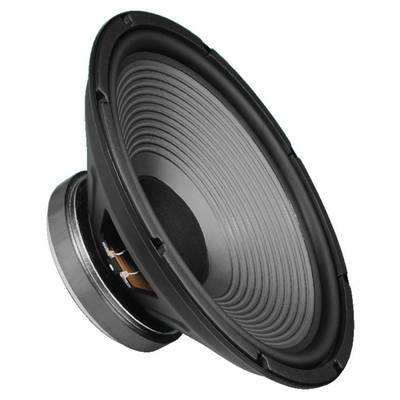 A single speaker with a black membrane and metallic details, pictured from the side.