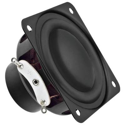 A black speaker in close-up, square with four mounting holes at the corners, shows the front face and connections.