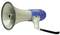 A megaphone with a blue handle and white sound cone is pointing to the left. It is used to amplify loudspeaker announcements.