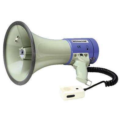 Green megaphone with handle and detachable microphone, suitable for public announcements or events.