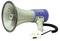 Green megaphone with handle and detachable microphone, suitable for public announcements or events.