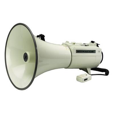 White megaphone with 'Monacor' logo, detachable microphone with cable. Used for amplifying voices at large gatherings.