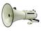 White megaphone with 'Monacor' logo, detachable microphone with cable. Used for amplifying voices at large gatherings.
