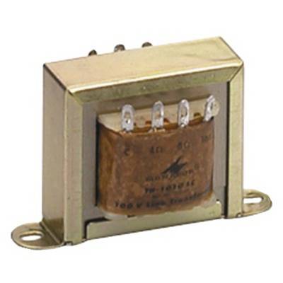A rectangular metal transformer with visible copper windings and five terminals on top. Nameplate inscription: '100 V Line Transformer'.