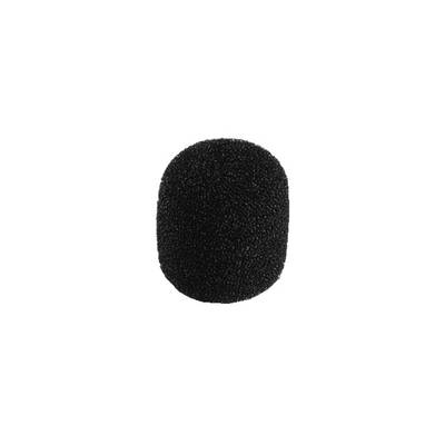 Black foam microphone windscreen, cylindrically shaped, designed to reduce wind noise during voice recordings.