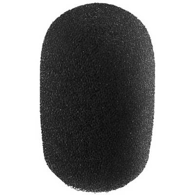 A black microphone windshield, elliptical in shape, designed to reduce wind noise during audio recordings.