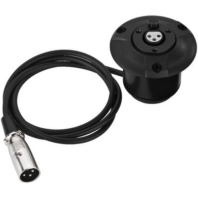Black microphone floor flange with XLR connection and round flat cable, suitable for stage or audio equipment.