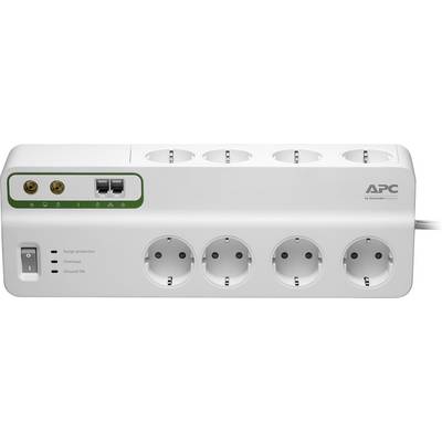 A surge protector with eight power sockets. On the left are two telephone and network connections, along with indicators for protection and overload status.