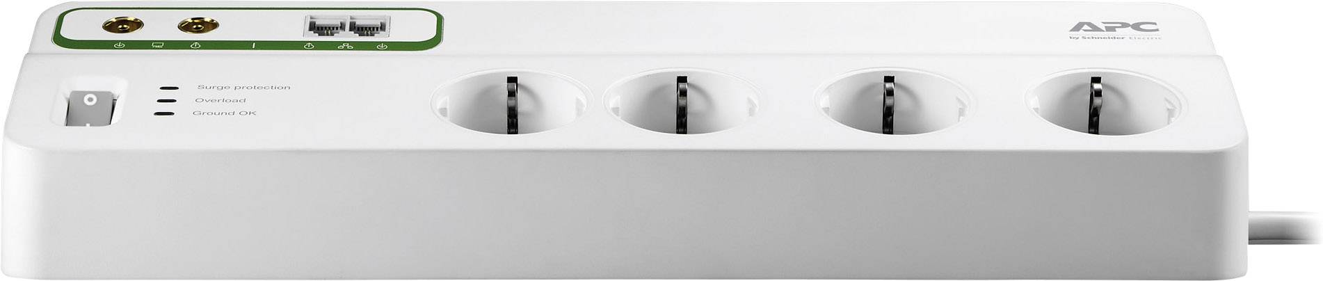 Multi-socket extension with surge protection, four plug sockets and two network connections. Marked with 'APC' logo. White design.